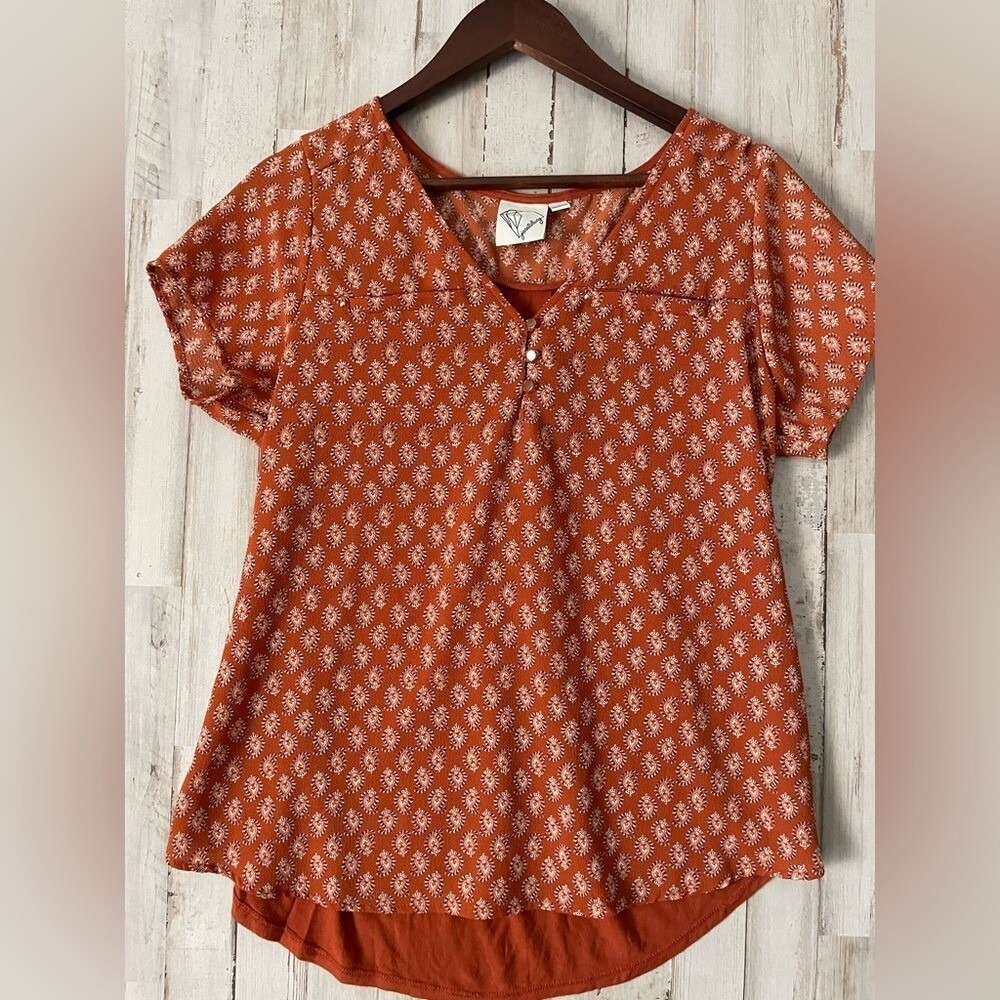 Janet Chung Orange Abstract Print Blouse Gold Buttons Women's SZ Large‎